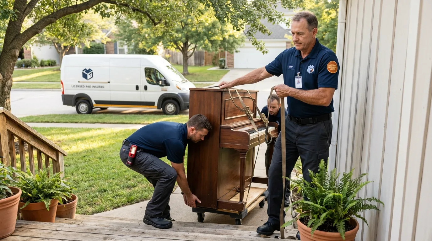 Licensed piano movers securing grand piano in Powell, WY