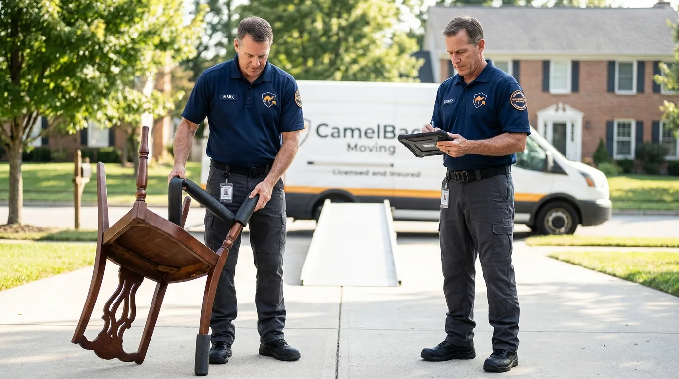Movers inspecting furniture for damage prevention before loading in Powell, WY